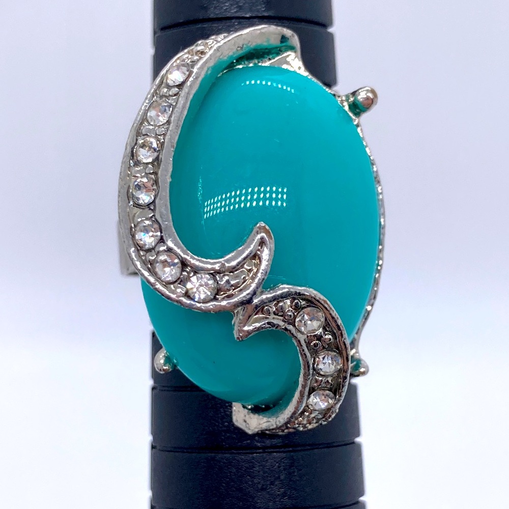 Faux Turquoise Silver Tone Ring Rhinestone Accents Adjustable Size Bohemian